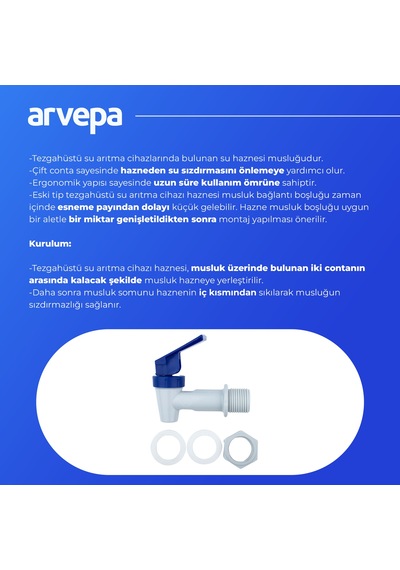 Arvepa Tezgahüstü Su Arıtma Cihazı Hazne Musluğu - Çift Contalı Sızdırmaz (Uzun Ömürlü Tasarım)