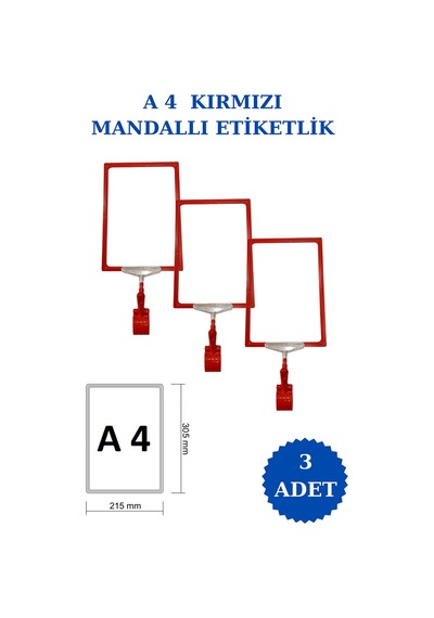 3 Adet Kırmızı A4 Mandallı Raf Sepet Etiketi Çerçeveli Etiketlik Kırmızı