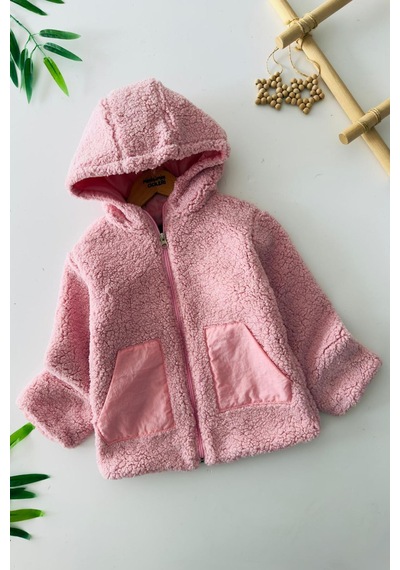Miniğimin Cicileri Cep Detaylı Kapüşonlu Unisex Çocuk Welsoft Hırka - Pembe