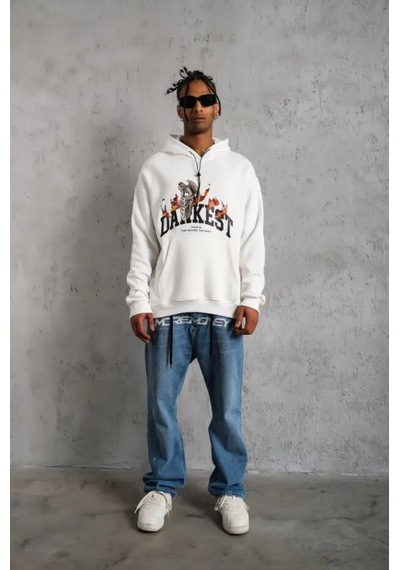 Veraura Lifestyle Erkek Dankes Baskılı Kapüşonlu Sweat - Beyaz