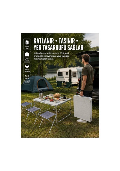 Ayarlanabilir Yükseklikli Kamp Ve Piknik Masası 4 Kişilik Katlanabilir Masa Seti Renk Renk
