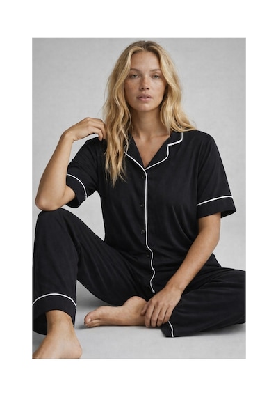 Rindahomewear Kadın Pamuklu Örme Kumaş Siyah Kısa Kol Düğmeli Arabiyeli Pijama Takım Siyah