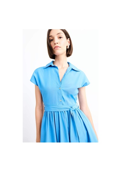 Defacto Terry Cotton Kısa Kollu Kemerli Midi Elbise G0392ax25smbe723 Mavi