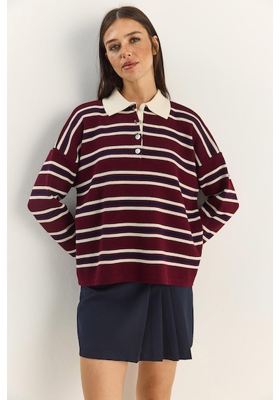 Shade Polo Yaka Çizgili Basic Triko Kazak 20258061 - Bordo