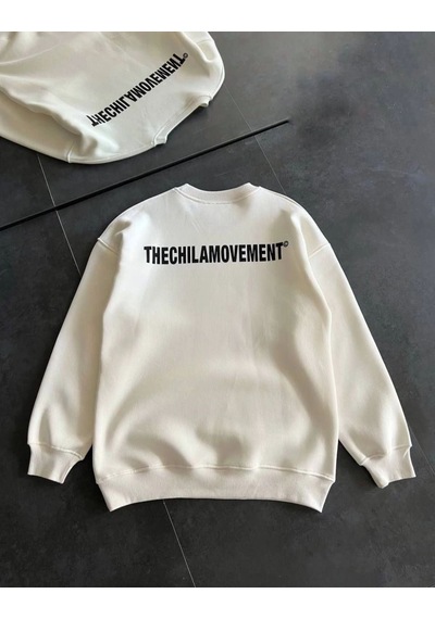 Velmora Fashion Erkek 3 İplik Pamuklu Kışlık Bisiklet Yaka Oversize Baskılı Sweatshirt - Beyaz