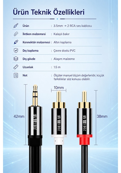 3.5mm Jack - 2 Rca Aux Stereo Ses Kablosu 5 Metre, Tv Hoparlör Amfi Ses Sistemi Uyumlu, Kalaylı Bakır İletken, Altın Kaplama Uç, Pvc Kaplama, Parazit Azaltıcı Dayanıklı Kablo A120ı