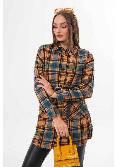 Polologin Butik Kadın Hardal Sarısı Kanguru Cepli Spor Kesim Gömlek Sarı