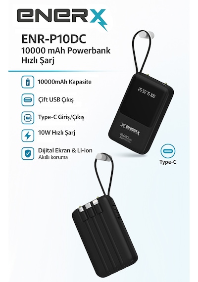 Enerx ENR-P10DC 10.000 Mah 2.1A Dahili Kablolu Led Aydınlatmalı Powerbank