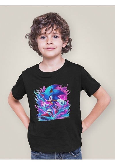 Sevbano Tasarım Süper Sonic Baskılı Unisex Çizgi Film Çocuk Tişört 1-12 SIYAH