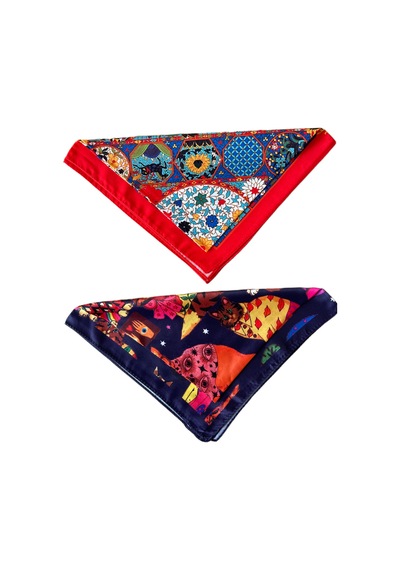 2 Li Saten Bandana Seti Saten Fular Saten Çanta Aksesuarı Özel Desen Bandana 45x50 Cm Kırmızı - Beyaz