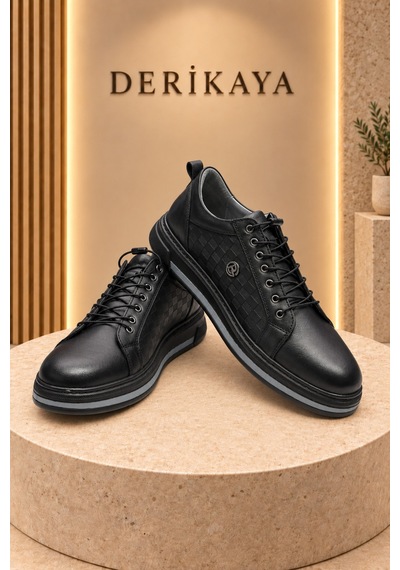 Deri Kaya Erkek Logo Detaylı Bağcıklı Günlük Sneaker Spor Ayakkabı Siyah