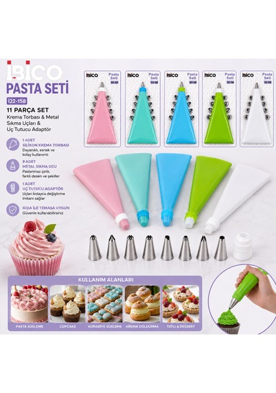 11 Parça Pasta Süsleme Seti, Krema Torbası + 9 Metal Uç + Adaptör Lunaev 12v