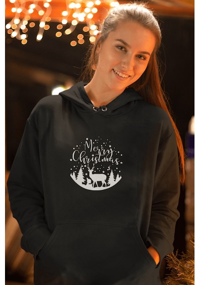 Marry Christmas Geyikli Yeni Yıl Kapşonlu Sweatshirt 001