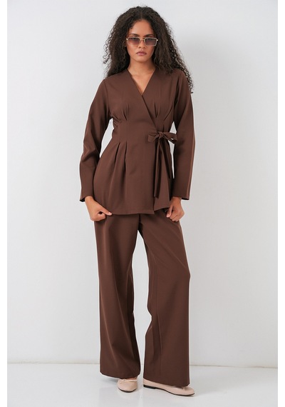Bigdart Kadın Kimono Pantolon Kumaş Takım 30054 - Kahverengi