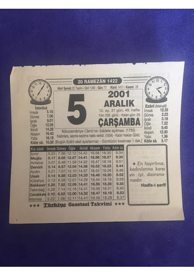 5 Aralık 2001 Takvim Yaprağı - Nostalji Koleksiyonluk Takvim Yaprağı B