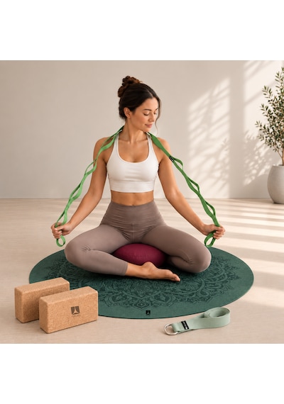 Meditasyon Ve Yoga Destek Seti - Oval Mat + Kadife Minder + Yoga Kemeri + Cork Blok 2li + Kademeli Germe Kayış Yeşil