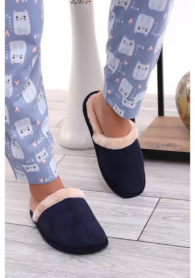 Wordex U050 Unisex Kışlık Ev İçi Terliği Kürklü Yünlü Terlik Lacivert