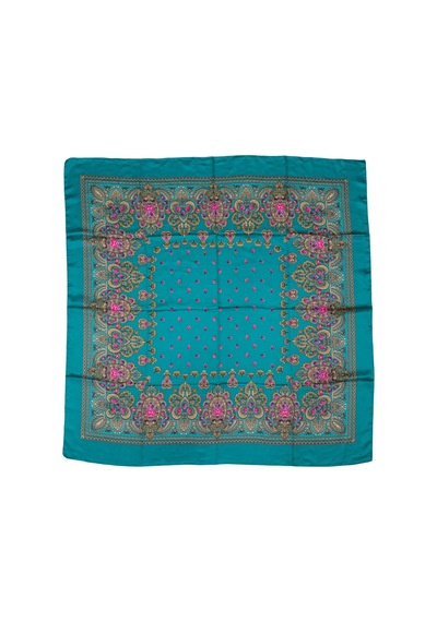 Tikitonki Etnik Çiçek Desenli Saten Yeşil Eşarp - 90x90 Yeşil Yeşil