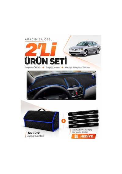 E-biz Nissan Almera Kapaklı 2000-2006 Uyumlu Torpido Örtüsü + Tay Tüyü Çanta - Siyah-mavi - Nı001