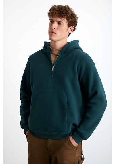 Grimelange Pavle Erkek Kapüşonlu Kanguru Cepli Fermuar Yakalı Yeşil Sweatshirt Yeşil