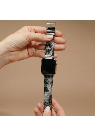 Goldoni Apple Watch Uyumlu Antik Siyah İnce Gerçek Deri Kordonu Metal Köprülü