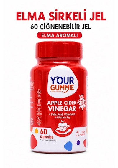 Y'our Gummie Apple Cider Vinegar Elma Sirkesi Folik Asit Krom ve B12 60 Gummies