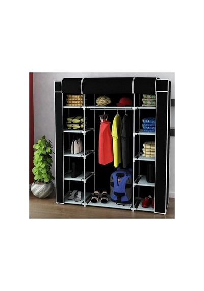 Portatif Gardırop Dolap, 10 Raflı, Askılıklı, Siyah Kumaş Kaplamalı, 170x135x45 Cm Çok Renkli