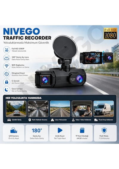 Nıvego Çift Kameralı Araç İçi Kamera Full Hd 1080p, Wifi, Gece Görüş, 180 Geniş Açı, G-sensör, 64gb Destekli Dash Cam