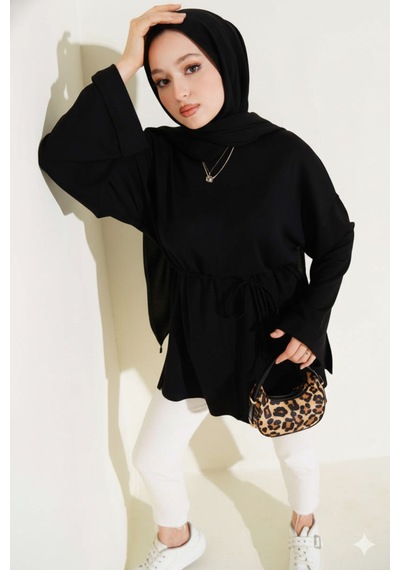 Unika Boutique Modal Kumaş Kuşaklı Tesettür Tunik Siyah