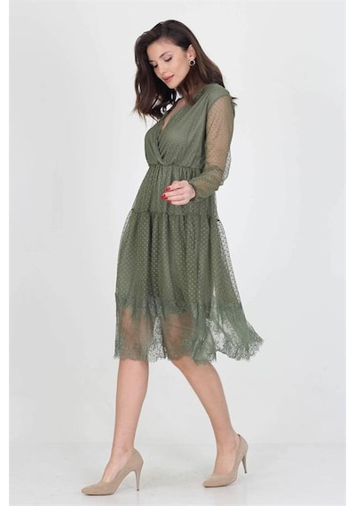 Neşeli Butik Neseli Butik Kruvaze Yaka Eteği Güpür Detaylı Yeni Sezon Elbise Nb0010 Haki