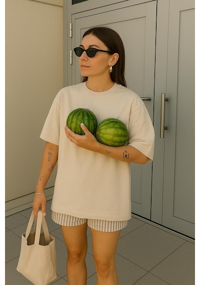 Oversize Unisex Tişört Bej