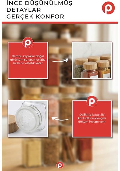 12'li Bambu Kapaklı Kare Cam Baharatlık Takımı - 120 Ml - Hediyeli Baharat Seti Şeffaf