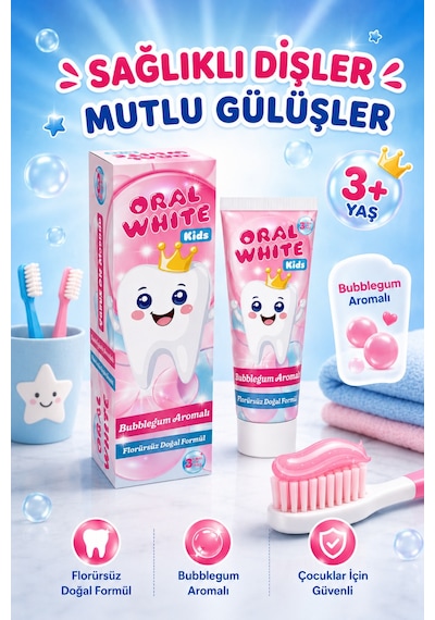 Oral White Kids Çocuk Diş Macunu 3+ Yaş Bubblegum Aromalı Florürsüz Doğal Formül 50 Ml Tam Koruma