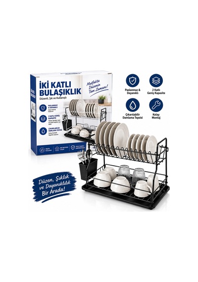 Siyah - Metal 2 Katlı Tabaklık - Bulaşıklık 5468 Renkli