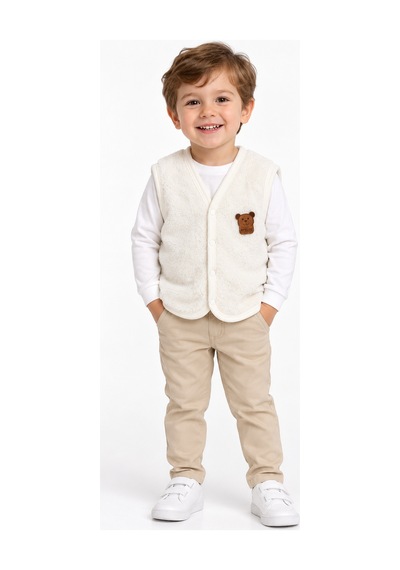 Beniizle Ayıcık Detaylı Unisex Peluş Yelek Beyaz