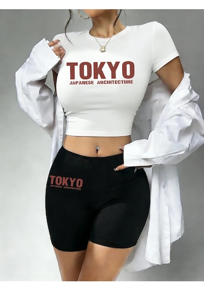 Tarzsokak Sıcak Tatlı Japon Tokyo Harfli Baskılı Babby Tee Ve Şort Kadın İki Parça Takım Tişört Yüksek E Beyaz