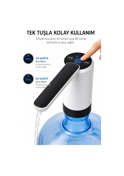 Damacana Pompası Şarjlı Damacana Su Pompası Otomatik Elektrikli Su Pompası Usb Şarjlı 19 Litre Uyumlu Beyaz