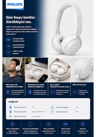 Philips TAH2209WT/00 Bluetooth 5.4 Kulak Üstü Kulaklık