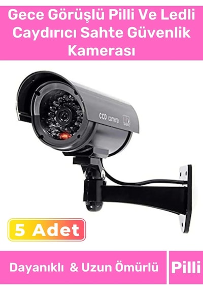 Özel Ev Apartman Bahçe İş Yeri Gece Görüşlü Pilli Ledli Caydırıcı Sahte Güvenlik Kamerası 5'li Set