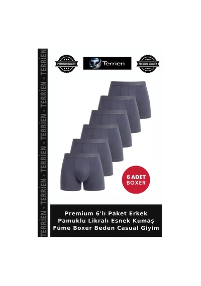 Terrien Premium 6'lı Paket Erkek Pamuklu Likralı Esnek Kumaş Füme Boxer Beden Casual Giyim