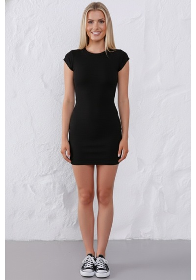 Defymoda Kadın Siyah Bisiklet Yaka %95 Pamuklu Fitilli Likralı Kaşkorse Slim Fit Basic Mini Elbise Siyah