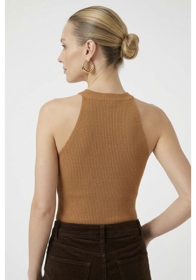 Neden Tekstil Kadın Taşlı Fitilli Halter Yaka Crop Bluz - Camel