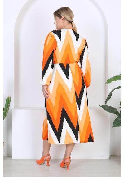 Mooi Xxl Kadın Turuncu Zigzag Desen Kruvaze Yaka Balon Kol Maxi Boy Bürümcük Elbise Turuncu Mooi Xxl Kadın Turuncu Zigzag Desen Kruvaze Yaka Balon Kol Maxi Boy Bürümcük Elbise Turuncu