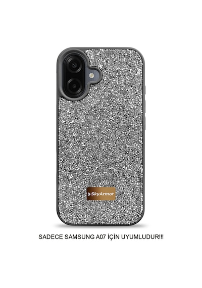 Samsung A07 Uyumlu Kadife İç Yüzey Tasarımlı Taşlı Işıltılı Parlak Pırlanta Kılıf Dia Plus Gri