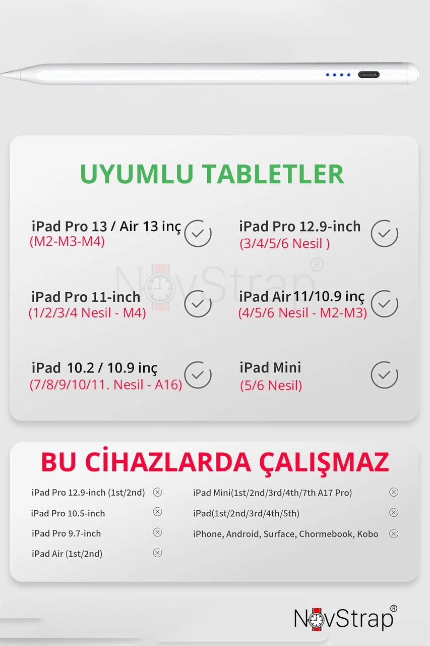 Novstrap Apple Uyumlu iPad  10. Nesil 11. Nesil A16 10.9 İnç İle Dokunmatik Tablet Kalemi Dz900 Gen3 Stylus Pencil Avuç İçi Reddi 2 Adet Yedek Uç