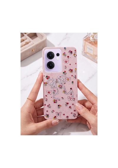 Oppo Reno 13f Taşlı Desenli Fiyonk Silikon Kılıf Pembe