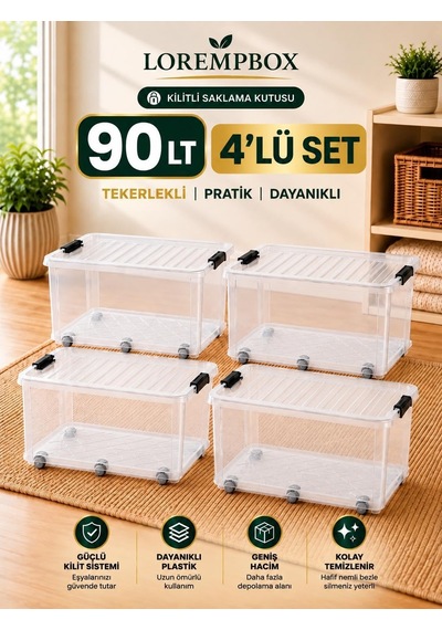 Lorempbox 90 L Tekerlekli Kilitli Saklama Kutusu 4'lü Set Şeffaf Diğer