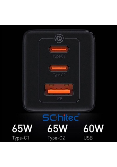 Schitec Gan 65w Ultra Hızlı Şarj Cihazı 3 Çıkışlı Usba / 2 X Type-c Hızlı Şarj Aleti Başlığı Hi-h05 Siyah