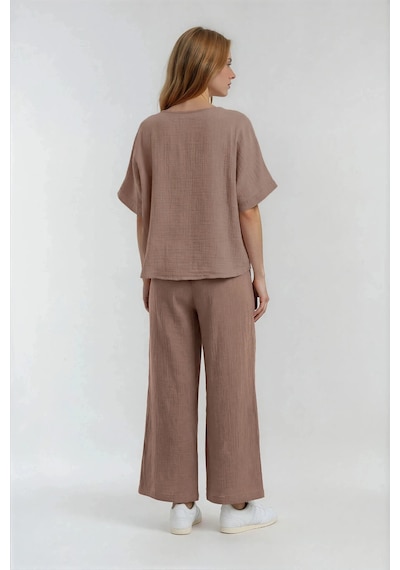Vitrin Beli Lastikli Geniş Paça Keten Pantolon Camel