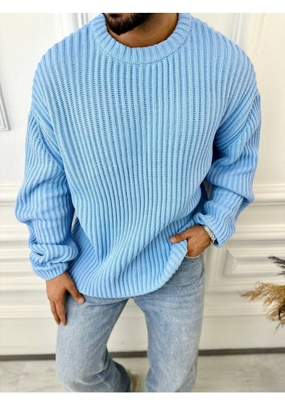 Elku Moda Oversize Kazak Bol Kesim Tüylenmeyen Salaş Triko Kazak Mavi